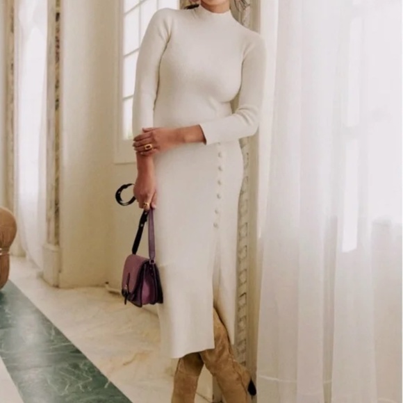 BEST Sezane Harper Midi Dress - Ecru Cream Ivory Quiet Lux Soft French Knit - Picture 2 of 14